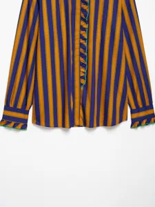 Women fashion long sleeve striped blouse with stylish ruffle trim casual button down shirt top