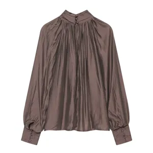 Women high neck pleated glossy lantern sleeve long sleeve blouse detailed top for autumn styling