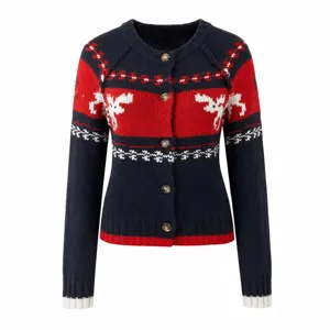 Retro reindeer knit cardigan featuring blue red design with festive snowflake motifs.