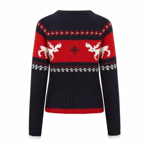 Knitwear detail showing the back view with classic reindeer and snowflake jacquard pattern.