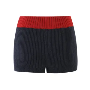 Women's high waist knit shorts retro contrast color ribbed waistband casual bottoms