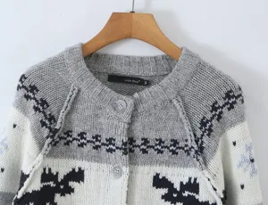 Vintage elk jacquard knit cardigan detail, gray and white sweater with cute buttons.