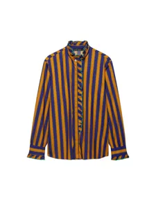 Women's Fashion Striped Patchwork Blouse Casual Long Sleeve Ruffle Collar Button Down Top Polyester Contrast Stripe Shirt