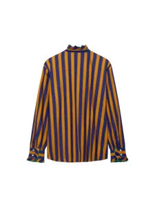 Chic women's long sleeve striped blouse with ruffles and button cuffs for autumn daily.
