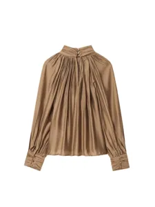 Women's Satin High Neck Pleated Long Sleeve Lantern Sleeve Blouse Autumn Elegant Top