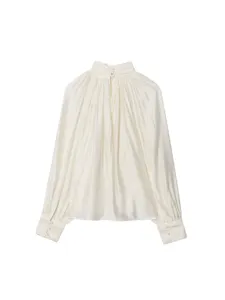 Elegant high neck pleated long sleeve blouse with glossy finish and chic lantern cuffs main view.