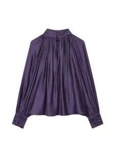Women stylish satin pleated high neck long lantern sleeve blouse elegant purple top