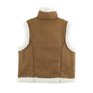 Brown suede sherpa vest women winter sleeveless fleece trimmed outerwear casual jacket top