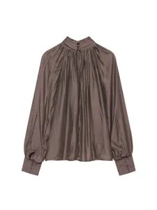 Women High Neck Pleated Glossy Lantern Sleeve Blouse Elegant Fall Long Sleeve Top Shirt