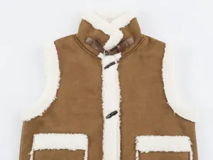Brown stand collar shearling splicing vest jacket, warm winter outerwear for women.