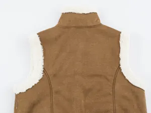 Back detail view of women brown suede vest featuring cozy white sherpa fleece trim.