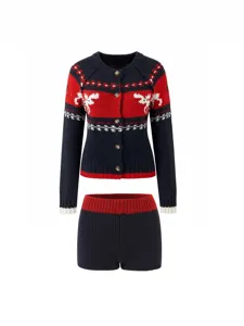 Women's Vintage Christmas Reindeer Pattern Printed Knit Top And Bottom Set Long Sleeve Cardigan And High Waist Shorts