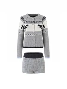 Vintage Reindeer Jacquard Knit Cardigan and High-Waist Shorts Two-Piece Set for Women Winter