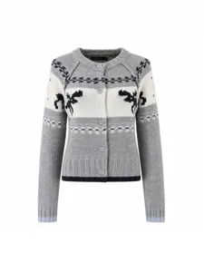 Grey vintage elk jacquard knitted cardigan women round neck button up sweater chic top.