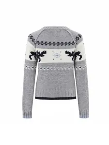 Women vintage reindeer jacquard knit sweater winter cozy casual pullover top grey fashion