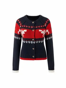 Women's vintage Christmas reindeer knit cardigan sweater with buttons and Nordic patterns.