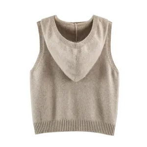 Chaleco de punto con capucha jersey sin mangas casual cómodo top beis de mujer diario moda