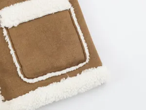 Brown suede sherpa fleece vest detail women winter outerwear cozy pocket design product shot