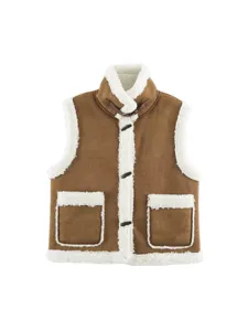 Women's Retro Stand Collar Horn Button Sherpa Fleece Patchwork Vest Casual Sleeveless Outerwear Winter Warm Top