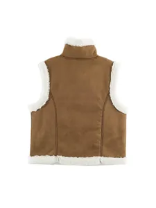 Brown faux suede sherpa vest for women winter casual stand collar sleeveless outerwear.