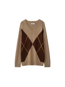 Damen Vintage Argyle Farblock V-Ausschnitt Strickpullover Langarm Locker Lässig Pullover Top Polyester Herbst Kleidung