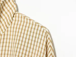 Brown white gingham plaid stand collar jacket detail view, casual short outerwear close up