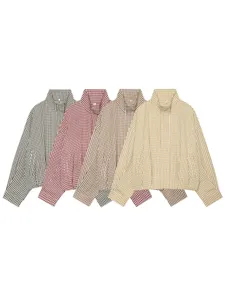 Women's Plaid Stand Collar Casual Jacket Fashion Autumn Loose Fit Checked Short Outerwear Long Sleeve Zipper Up Top