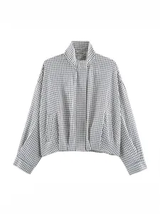 Women's blue gingham stand collar jacket, casual short plaid pilot coat with pleated hem.