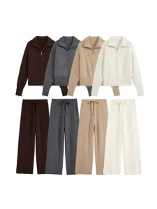 Women Fashion Solid Color Knit Top And Bottom Outfit Casual Stand Collar Zipper Cardigan And Wide Leg Pants Autumn Clothing