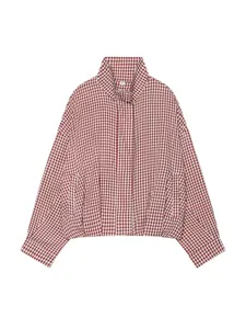 Women red gingham stand collar short casual jacket stylish long sleeve loose outerwear autumn