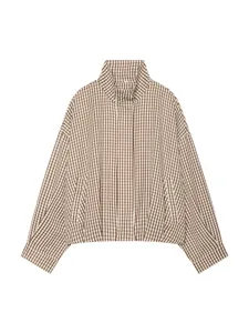 Women's Brown Gingham Stand Collar Short Casual Jacket Loose Checkered Coat Autumn Outerwear