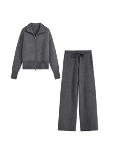 Dark grey women knit tracksuit set with zip cardigan and wide-leg trousers for autumn style.