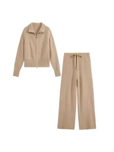 Women's Knitwear Set Zip Cardigan Wide Leg Trousers Autumn Solid Casual Tracksuit