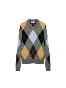 Damen Retro Argyle Karo Jacquard Langarm Stricktop Polo Ausschnitt Slim Fit Lässig Herbst Pullover Top