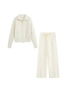 Women white ribbed knit full zip up cardigan sweater and matching wide leg pants lounge set