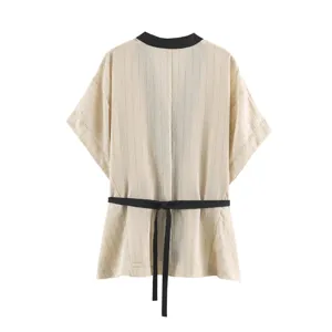 New Chinese style color-block belt top, elegant beige vertical striped detail garment.