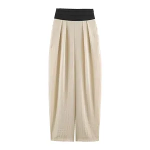 High waist wide-leg trousers with contrast black waistband and subtle stripes for women.