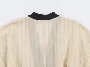 New Chinese style women top detail sheer vertical striped fabric black contrast collar design