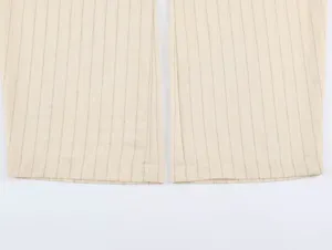 Close-up detail of women's beige pinstripe pants fabric texture showing neat stitching.