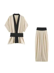 New Chinese Style Women Contrast Color Belt Top And Wide Leg Pants Casual Short Sleeve Shirt Long Trousers Outfit