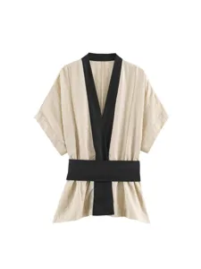 New Chinese style women's top with contrast black lapel and waist belt, chic summer wear.