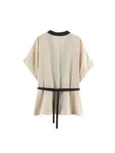 Women new Chinese style short sleeve top with contrast color belt and collar back view