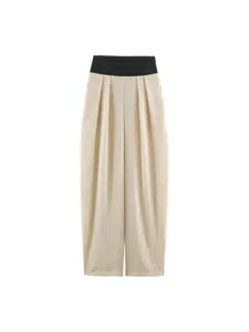 Women high waist striped wide leg trousers with black contrast waistband casual chic pants.