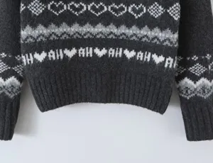 Dark grey Fair Isle knitted sweater detail, featuring classic heart and geometric knit patterns.