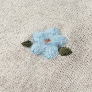 Primer plano del bordado floral 3D en tejido de punto suave, mostrando una fina artesanía.