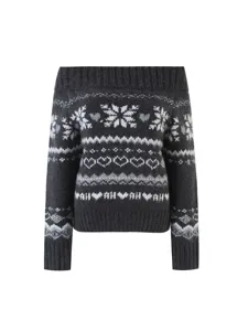 Women Off-Shoulder Fair Isle Knit Sweater Vintage Geometric Pattern Long Sleeve Pullover Thick Autumn Winter Top