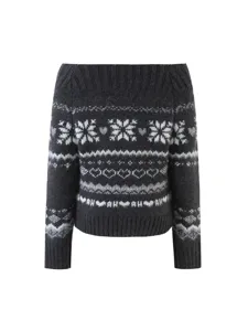 Dark grey off-shoulder knit sweater with classic Fair Isle patterns for chic winter daily wear.