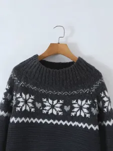 Women's off shoulder Fair Isle knit sweater winter warm casual pullover top dark grey