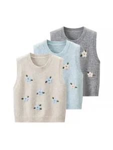 Chaleco de Punto Retro para Mujer Ganchillo Floral 3D Cuello Redondo Sin Mangas Suéter Corto Casual Suelto