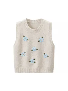 Chaleco de punto beige para mujer con cuello redondo y bonitos bordados florales 3D azules.